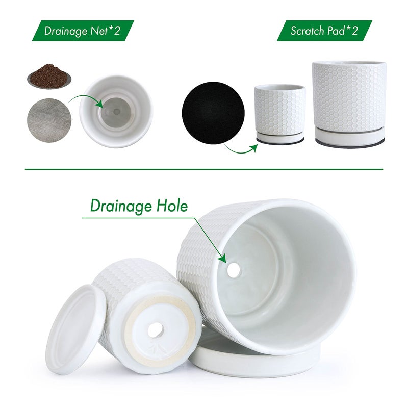 D'vine Dev Set of 2 Modern Matte White Honeycomb Embossed Ceramic Planter Pots with Saucer and Drainage Hole, 4 Inch & 6 Inch, 99-C-1-N - Image 3